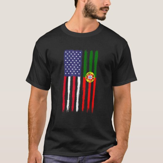 ポルトガルのルーツハーフアメリカ国旗の愛国港 Tシャツ (正面)