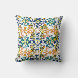 ポルトガルのヴィンテージタイルのキウイとレモンのパターン クッション