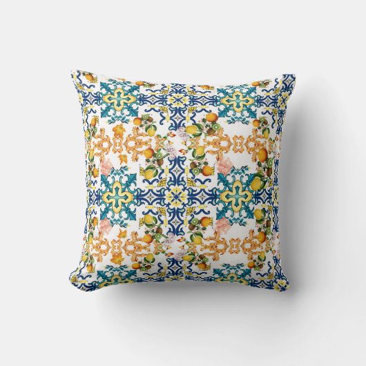 ポルトガルのヴィンテージタイルのキウイとレモンのパターン クッション (正面)