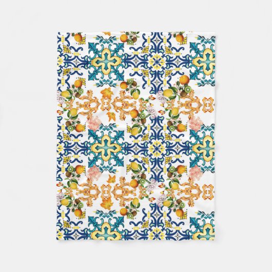 ポルトガルのヴィンテージタイルkiwiとレモンのパターンcu フリースブランケット (正面)