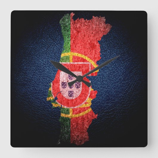 ポルトガルの旗と地図 スクエア壁時計 (正面)