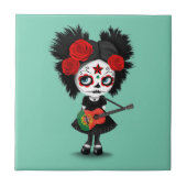 ポルトガルの旗のギターを演奏している砂糖のスカルの女の子 タイル (正面)