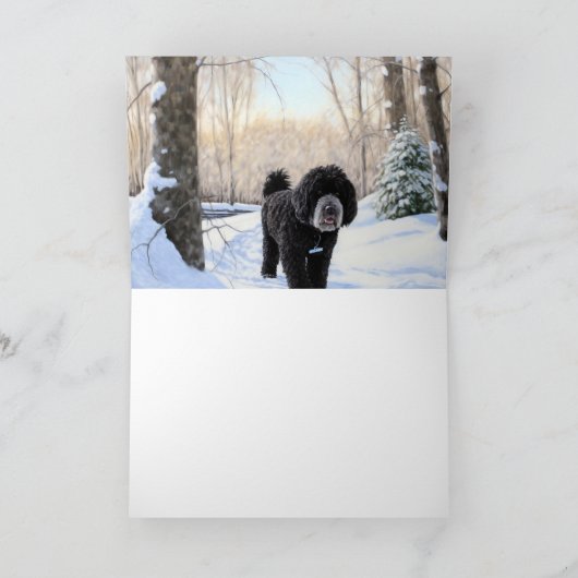 ポルトガルの水犬が雪のクリスマスを過ごした カード (内部)