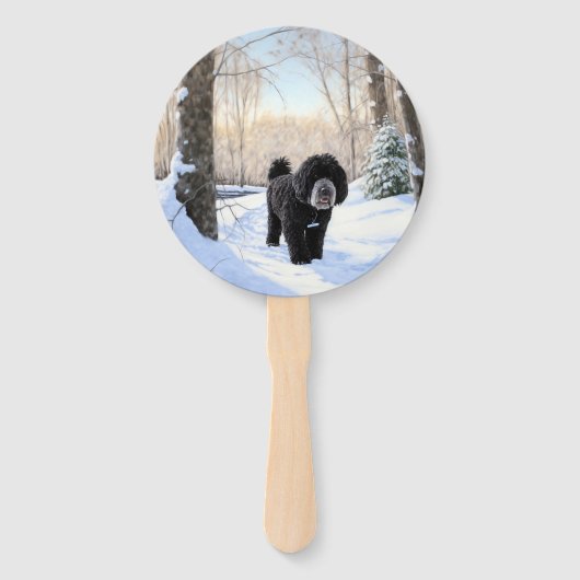 ポルトガルの水犬が雪のクリスマスを過ごした ハンドファン (正面)