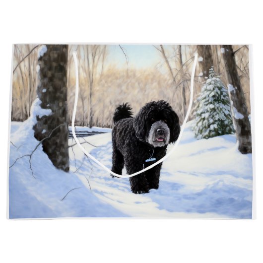 ポルトガルの水犬が雪のクリスマスを過ごした ラージペーパーバッグ (正面)