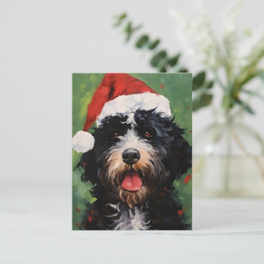 ポルトガルの水犬クリスマスブラシ絵画ズ ポストカード (スタンド正面)