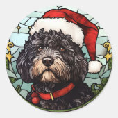 ポルトガルの水犬ステンドグラスのクリスマス ラウンドシール (正面)
