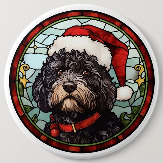 ポルトガルの水犬ステンドグラスのクリスマス 缶バッジ (正面)