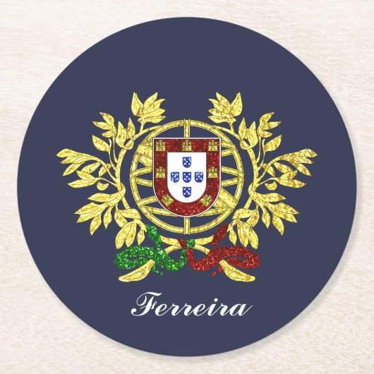 ポルトガルの紋章付き外衣あなたのテキストカラー ラウンドペーパーコースター (正面)