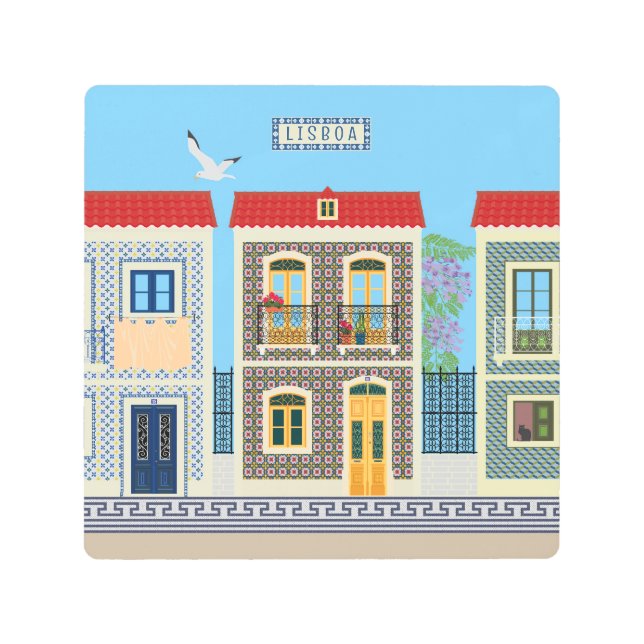 ポルトガルの美しい家で、タイルやアズレホスを持つ メタルプリント (正面)