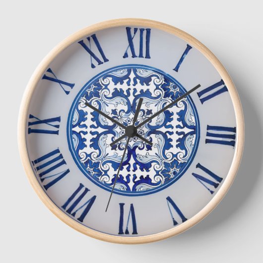ポルトガルの青いタイルアズレジョのモチーフローマ数字 壁時計 (正面)