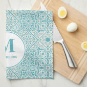 ポルトガルの青いタイルターコイズ モノグラムの キッチンタオル (四つ折り)