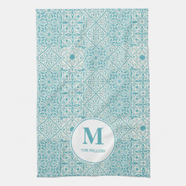 ポルトガルの青いタイルターコイズ モノグラムの キッチンタオル