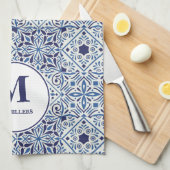 ポルトガルの青いタモノグラムのイル キッチンタオル (四つ折り)