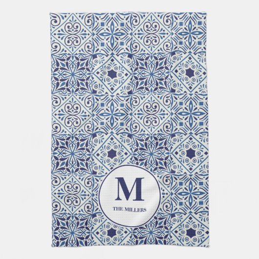 ポルトガルの青いタモノグラムのイル キッチンタオル (縦)