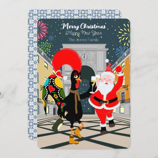 ポルトガルの鶏とサンタの新年のトースト カード (正面/裏面)