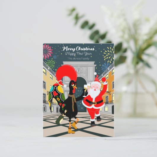 ポルトガルの鶏とサンタの新年のトースト ポストカード (スタンド正面)