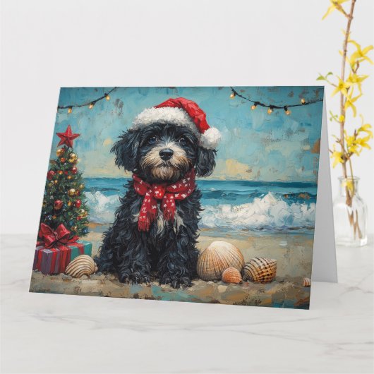 ポルトガルウォータードッグクリスマスヴィンテージビーチ カード (黄色い花)