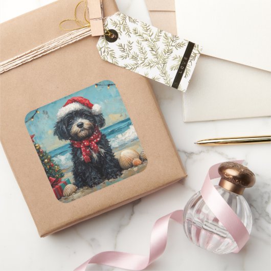 ポルトガルウォータードッグクリスマスヴィンテージビーチ スクエアシール (ギフト)