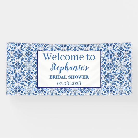 ポルトガルタイルブルー素朴エレガントブライダルシャワー 横断幕 (横)