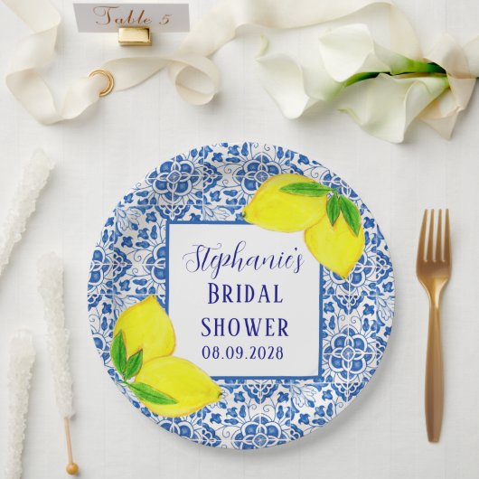 ポルトガルタイルレモン地中海のブライダルシャワー ペーパープレート (ウェディング)