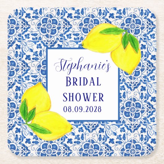 ポルトガルタイル レモン メディテレーニアン ブライダルシャワー スクエアペーパーコースター (正面)