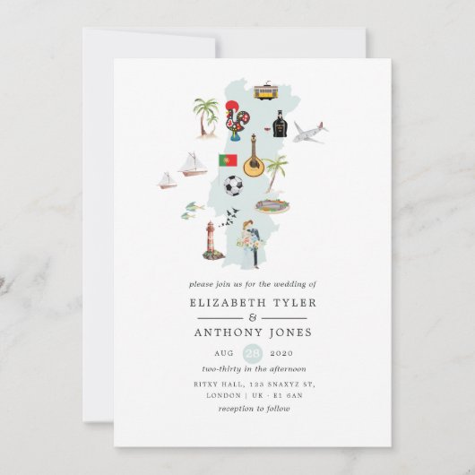 ポルトガルデスティネーションウェディングの水彩地図 招待状 (正面)