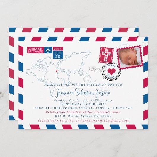 ポルトガルレッドブルーエアメール写真バプテスマ セーブザデート (正面/裏面)