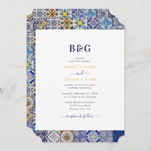 ポルトガル地中海のタイルのパタ結婚ーン 招待状 (正面/裏面)