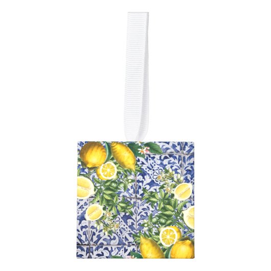 ポルトガル地中海の語レモンのタイルがクリスマス キューブオーナメント (正面)