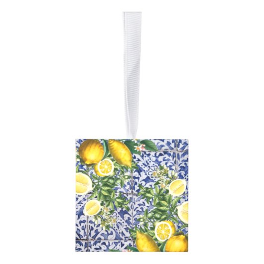 ポルトガル地中海の語レモンのタイルがクリスマス キューブオーナメント (右)