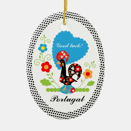 ポルトガル産のオンドリで黒い水玉模様 セラミックオーナメント (正面)