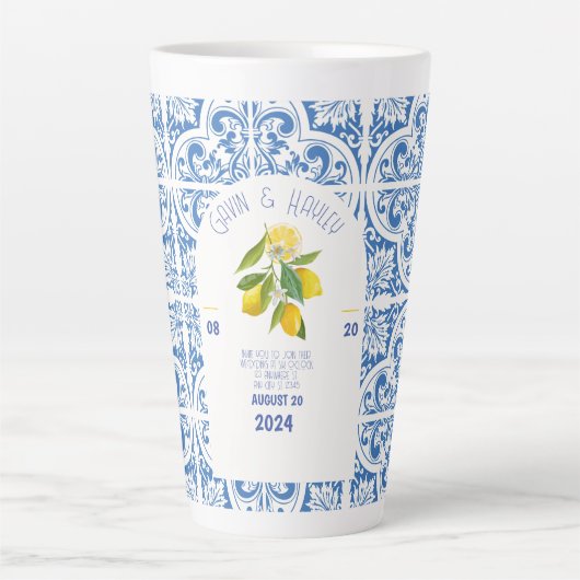 ポルトガル結婚のマグカップ |青いタイルとレモンのエレガ カフェラテマグ (正面)