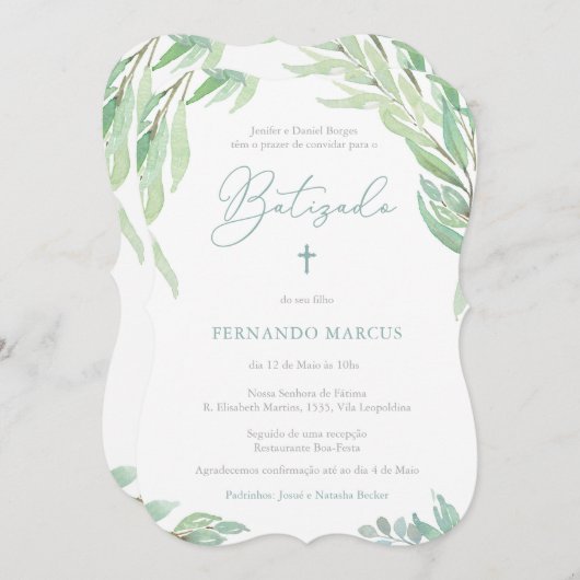 ポルトガル語の少年のための緑のバプテスマパーティー 招待状 (正面/裏面)