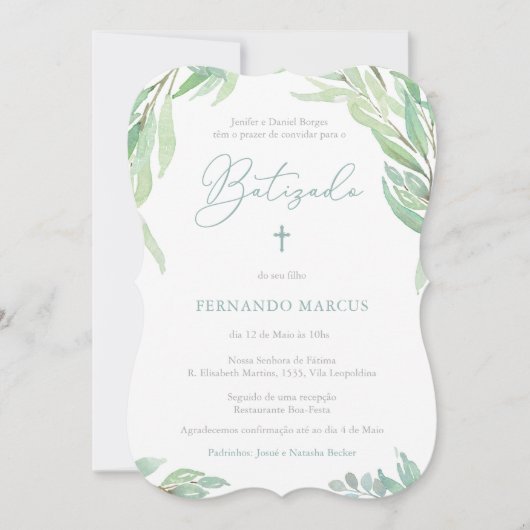 ポルトガル語の少年のための緑のバプテスマパーティー 招待状 (正面)