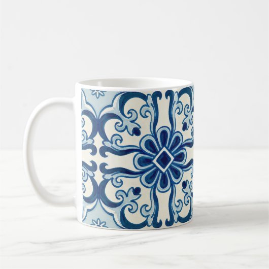 ポルトガル語アズレジョスブルーフローラタイル模様 コーヒーマグカップ (左)
