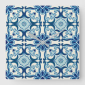 ポルトガル語アズレジョスブルーフローラタイル模様 スクエア壁時計 (正面)