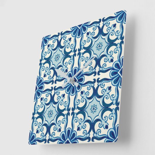 ポルトガル語アズレジョスブルーフローラタイル模様 スクエア壁時計 (傾斜)