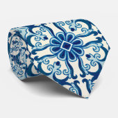 ポルトガル語アズレジョスブルーフローラタイル模様 ネクタイ (ロール)
