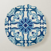 ポルトガル語アズレジョスブルーフローラタイル模様 ラウンドクッション (裏面)