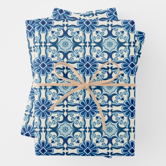 ポルトガル語アズレジョスブルーフローラタイル模様 ラッピングペーパーシート (インサイチュ)