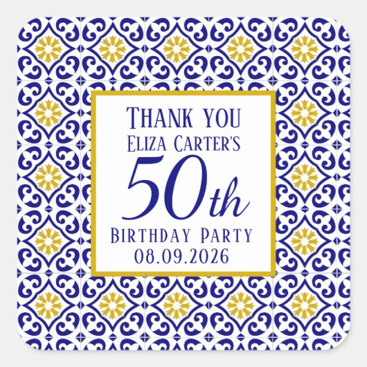 ポルトガル語タイルブルー50誕生日 地中海の スクエアシール (正面)