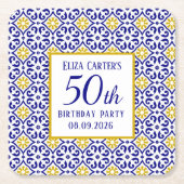 ポルトガル語タイルブルー50誕生日 地中海の スクエアペーパーコースター (正面)