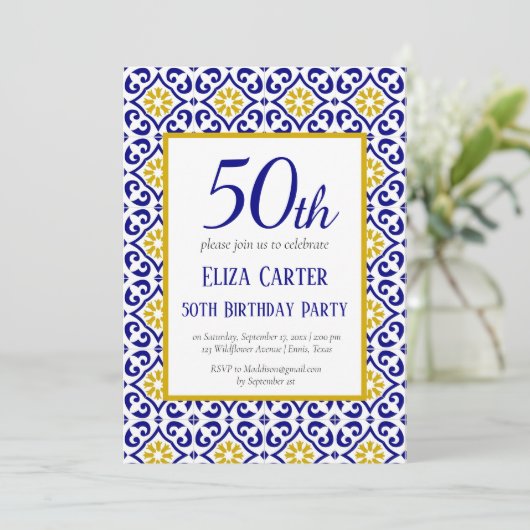 ポルトガル語タイルブルー50誕生日 地中海の 招待状 (スタンド正面)