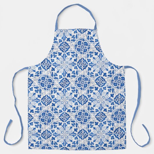 ポルトガル語タイル地中海のブルーフローラ エプロン (正面)