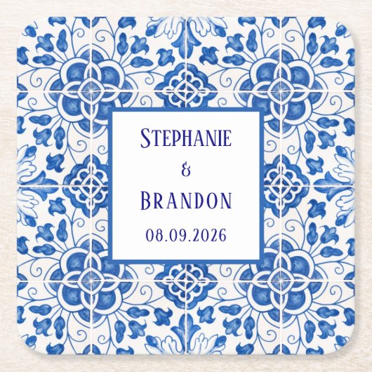 ポルトガル語タイル地中海のブ結婚ルー スクエアペーパーコースター (正面)