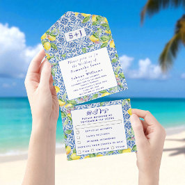 ポルトガル語タイル素朴イニシャル結婚ズ オールインワン招待状