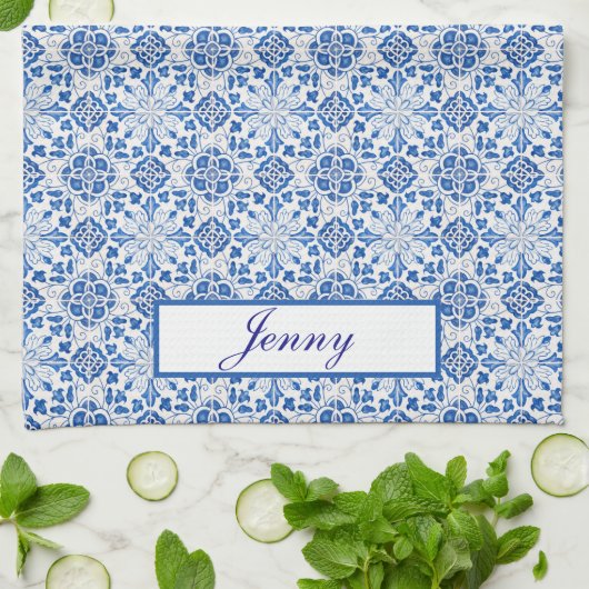 ポルトガル語タイル青地中海のフローラ キッチンタオル (折り畳み)