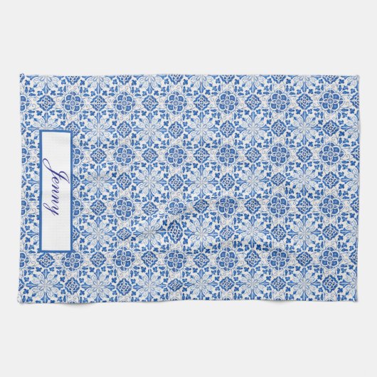 ポルトガル語タイル青地中海のフローラ キッチンタオル (横)