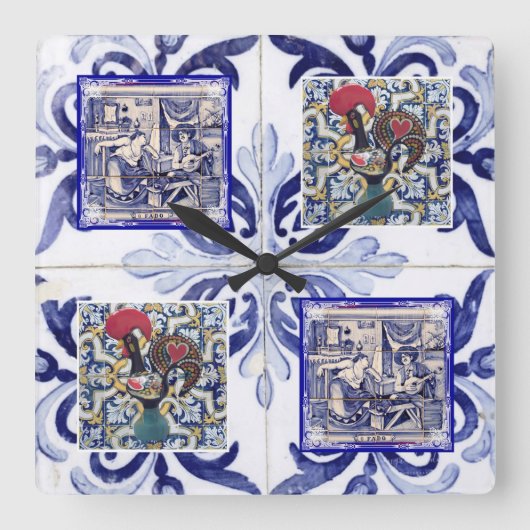 ポルトガル語フォークアートデザイン スクエア壁時計 (正面)